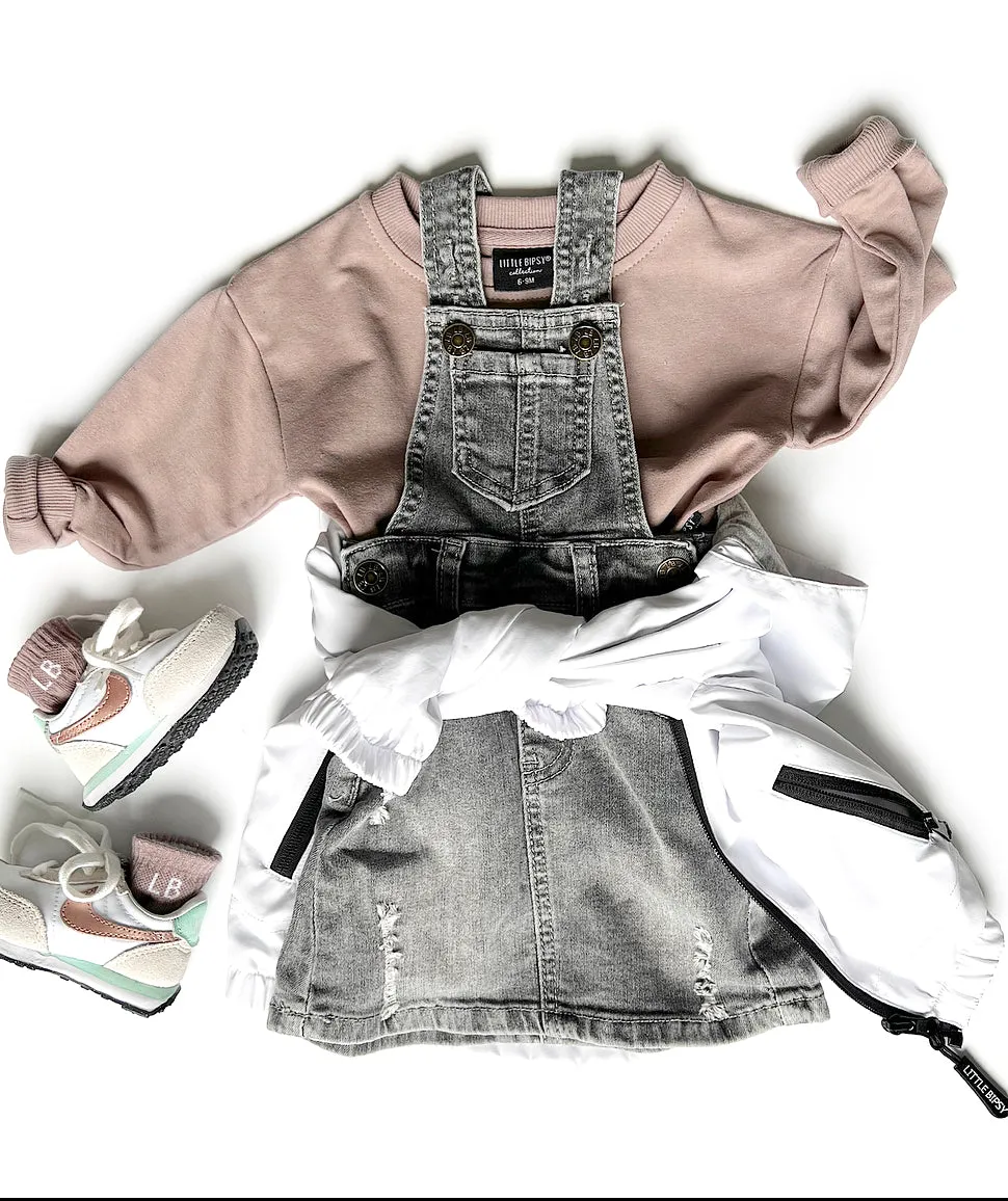 Denim Skirt Overalls- Grey Wash