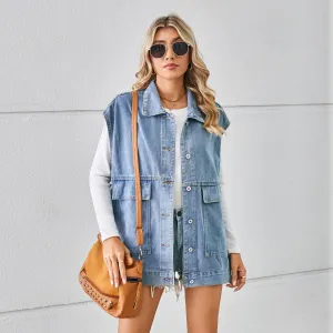 Denim Vest With Big Pockets Fashion Sleeveless Outwear Vest For Womens Clothing