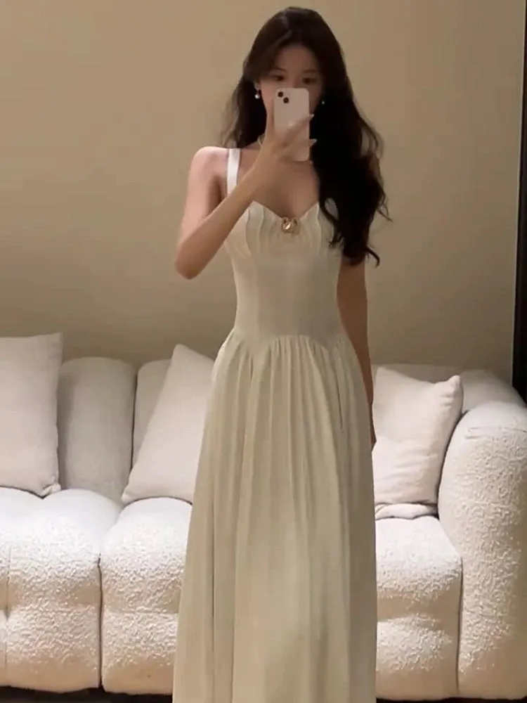 Design sexy white suspender dress summer fairy long dress     S5846