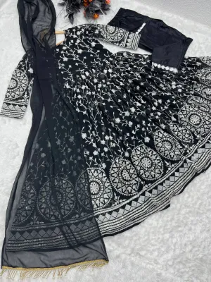 Designer Black Color Thread Work Gown