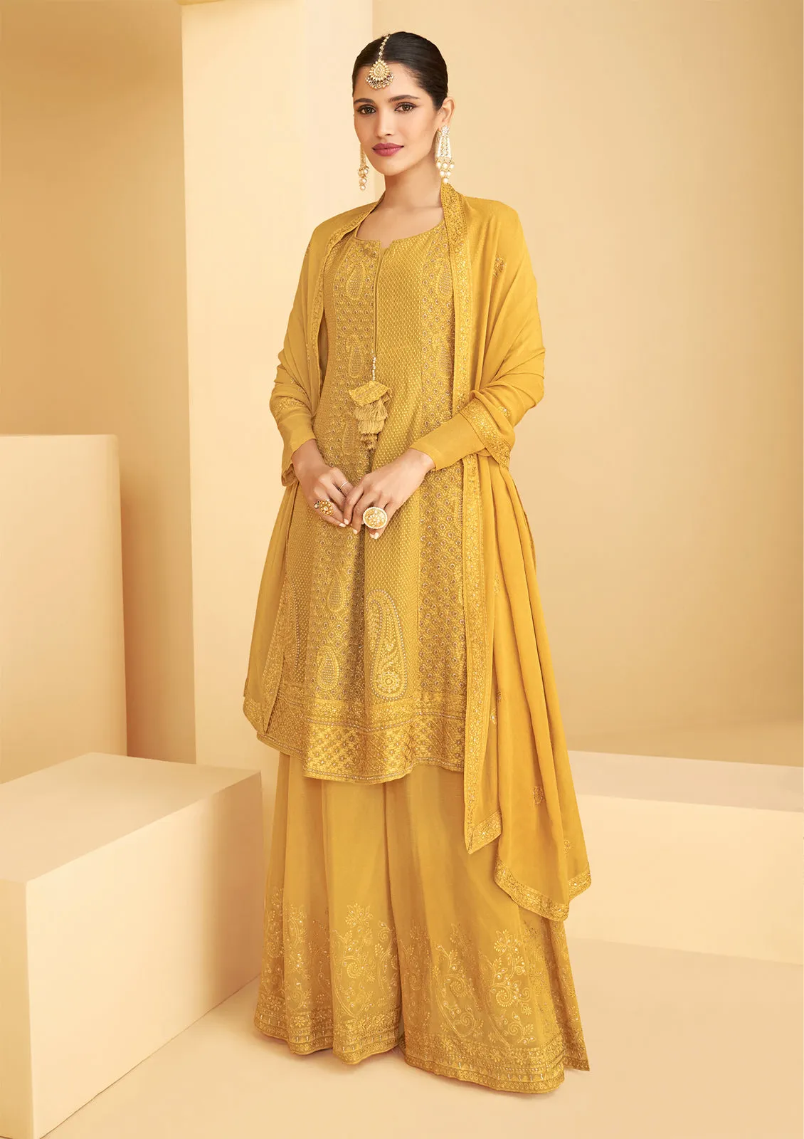 Designer Bright Yellow Georgette Pakistani Style Sharara Suit