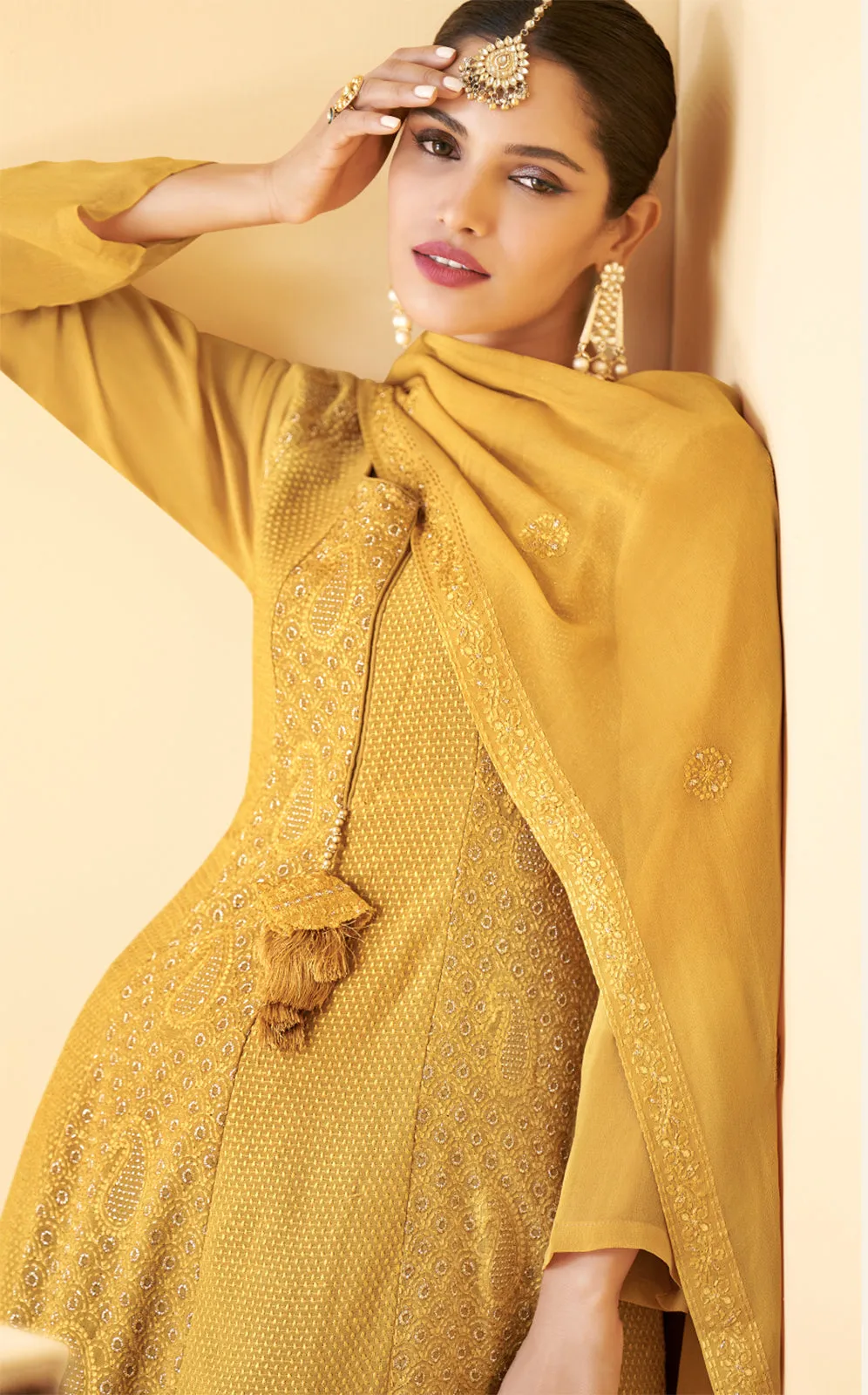 Designer Bright Yellow Georgette Pakistani Style Sharara Suit