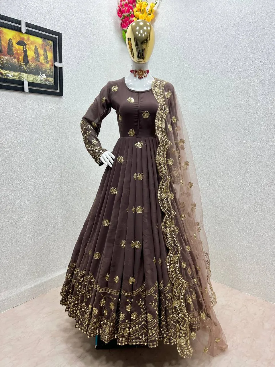 Designer Brown Color Embroidery Sequence Work Gown