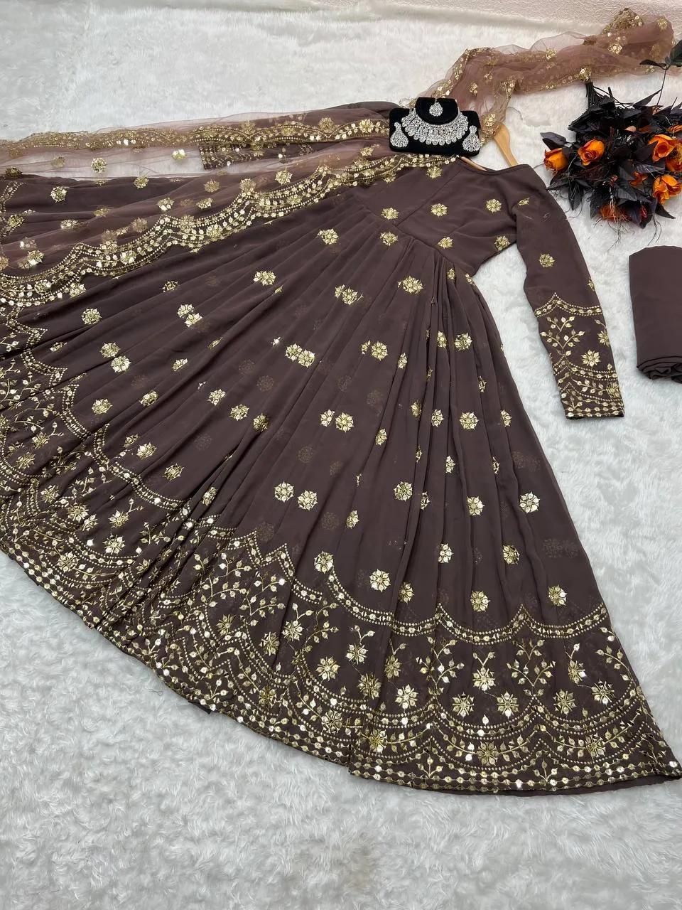 Designer Brown Color Embroidery Sequence Work Gown