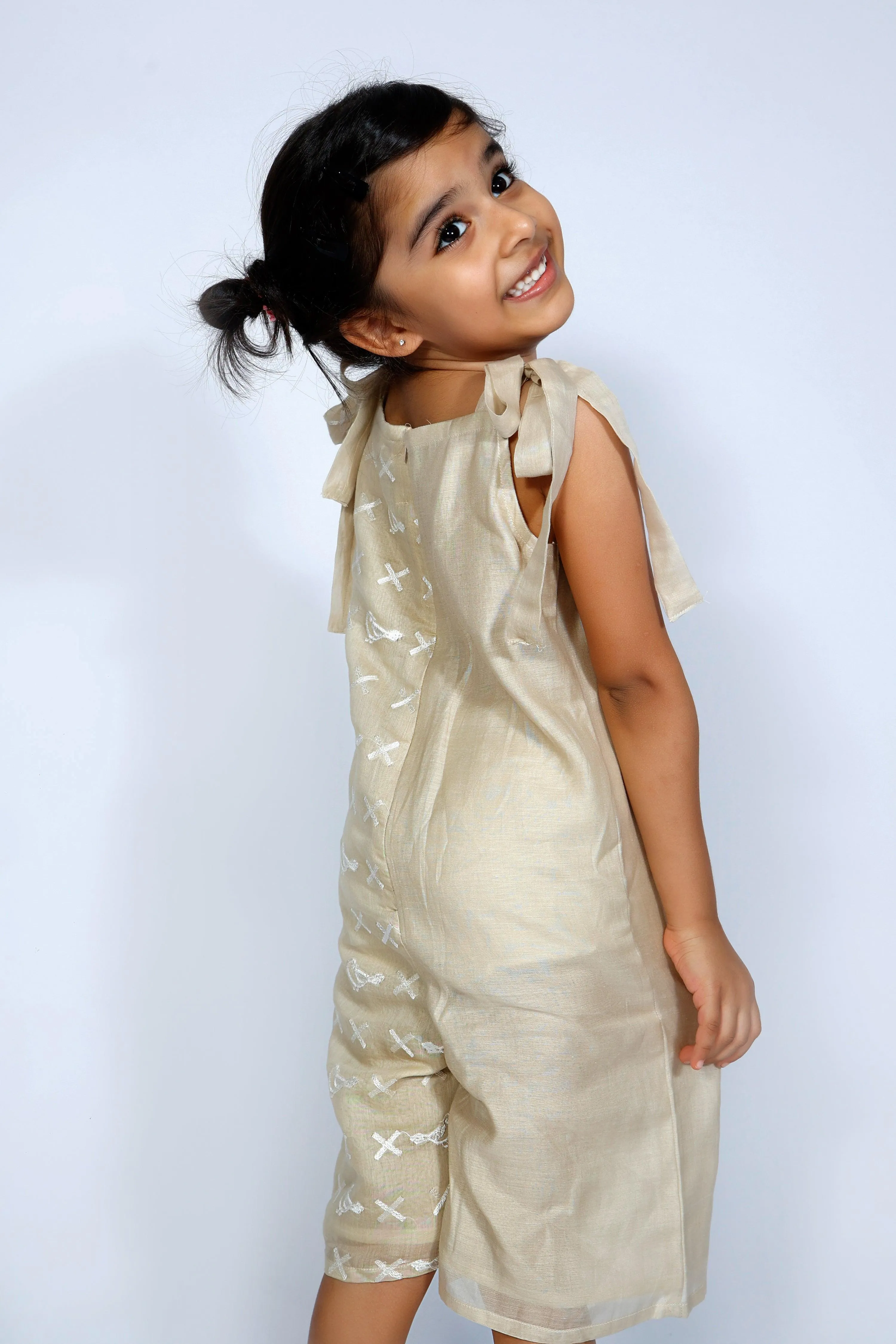 Designer Chanderi JumpSuit with Embroidered for Girls - Beige