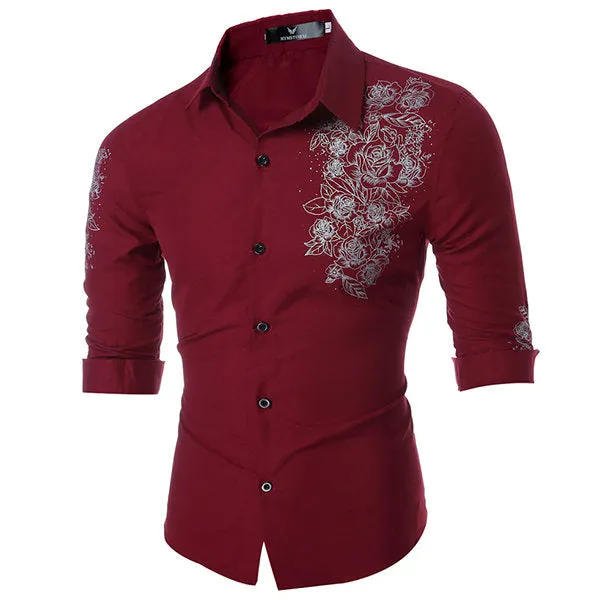 Designer Dress Shirt for Men Long Sleeve Printing Slim Fit Formal Casual Turn Down Collar