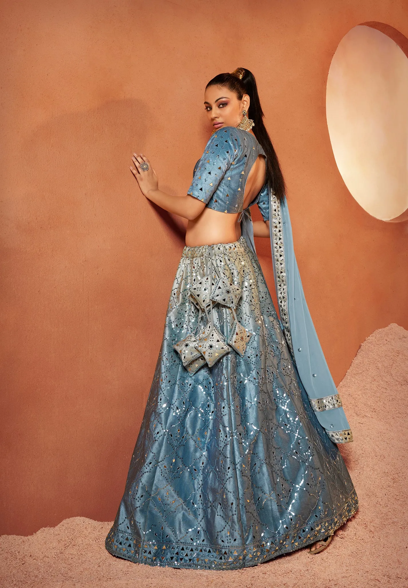 Designer Dusty Sky Color Mirror & Sequence Work Velvet Lehenga Choli