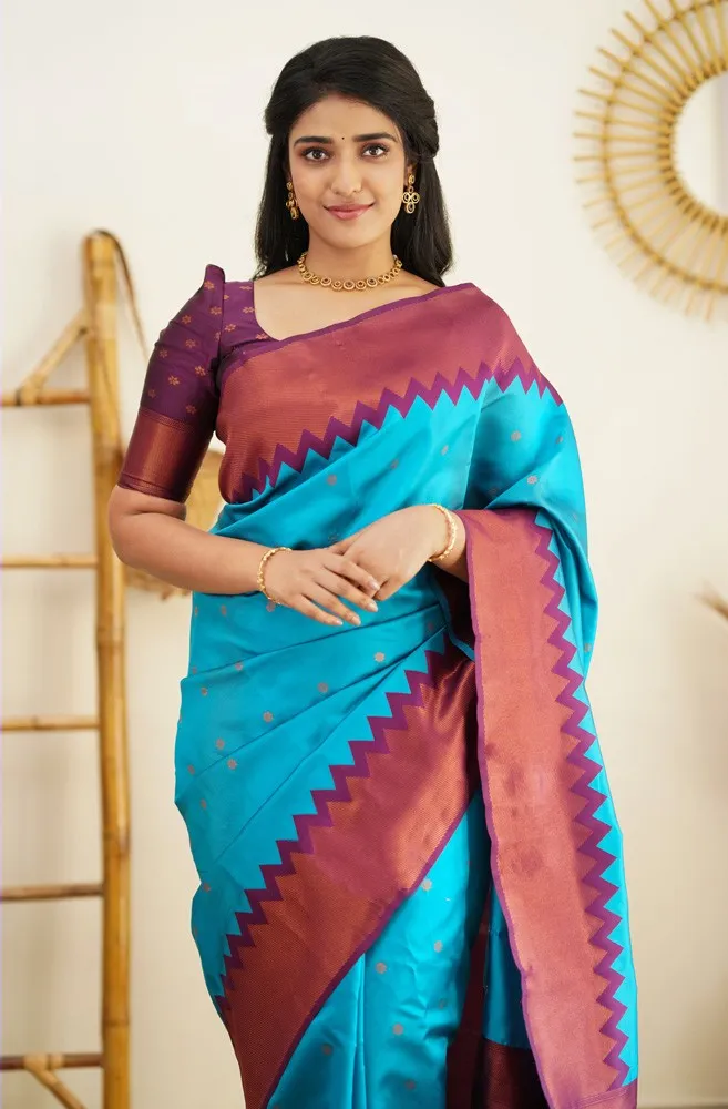 Designer Firozi Soft Silk Saree with Prominent Blouse Piece