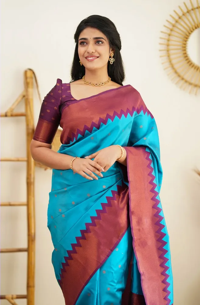 Designer Firozi Soft Silk Saree with Prominent Blouse Piece