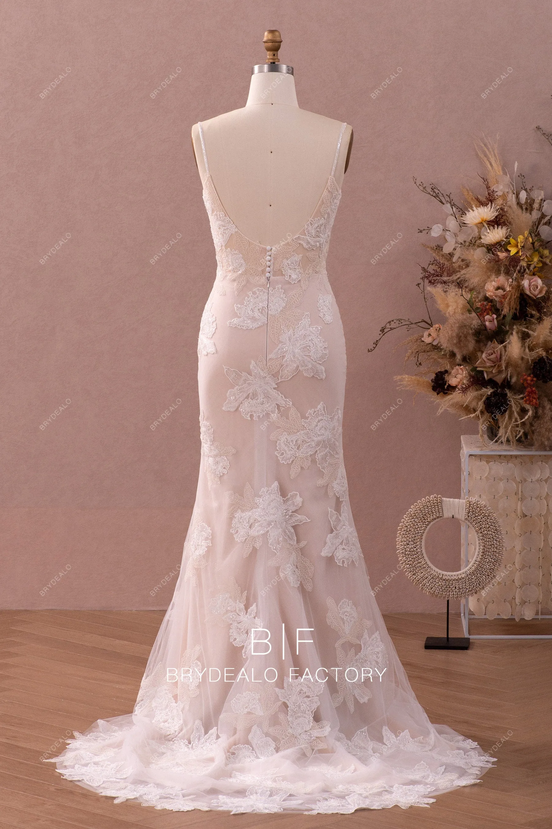 Designer Lace Plunging Champagne Wedding Dress with Removable Overskirt