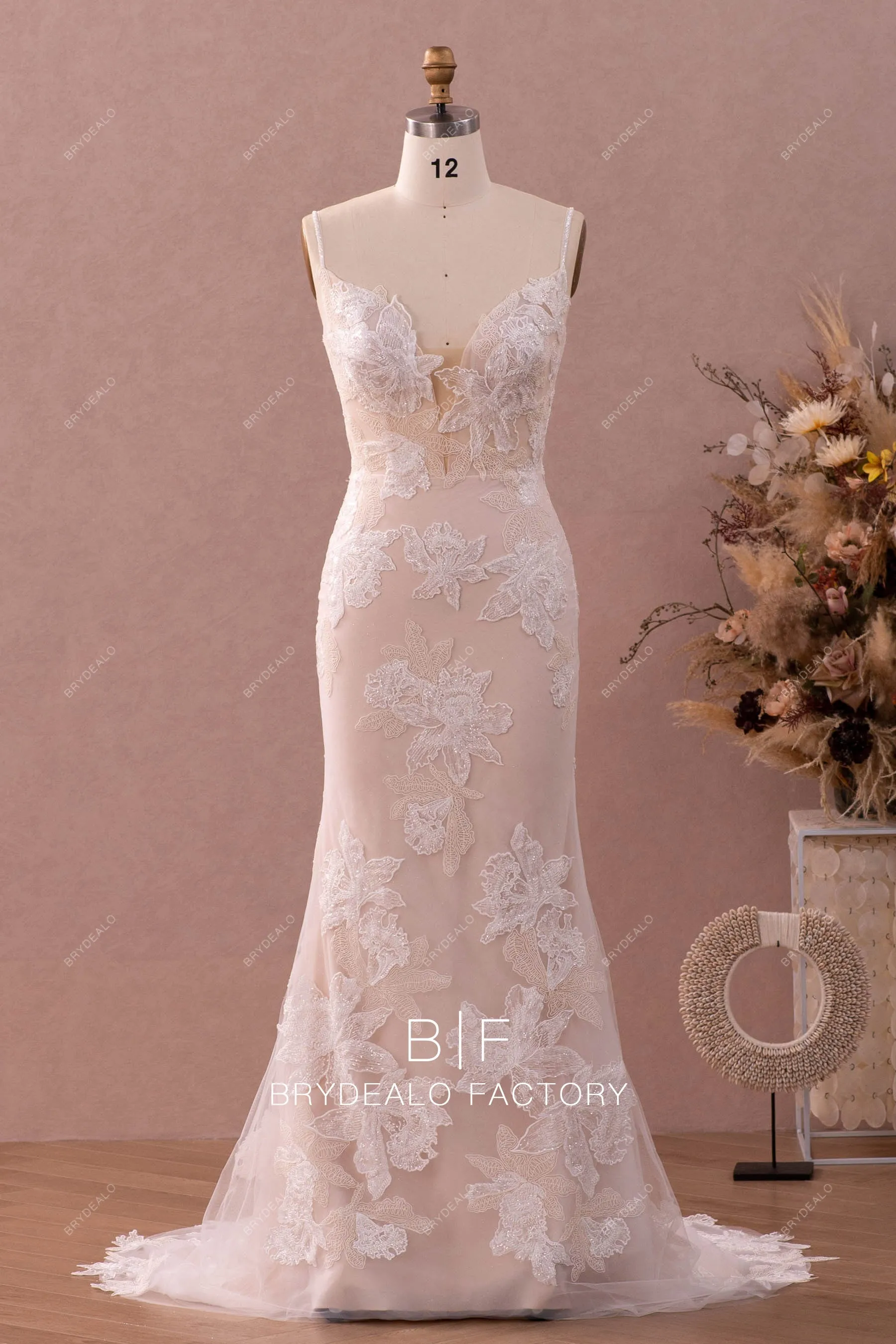 Designer Lace Plunging Champagne Wedding Dress with Removable Overskirt