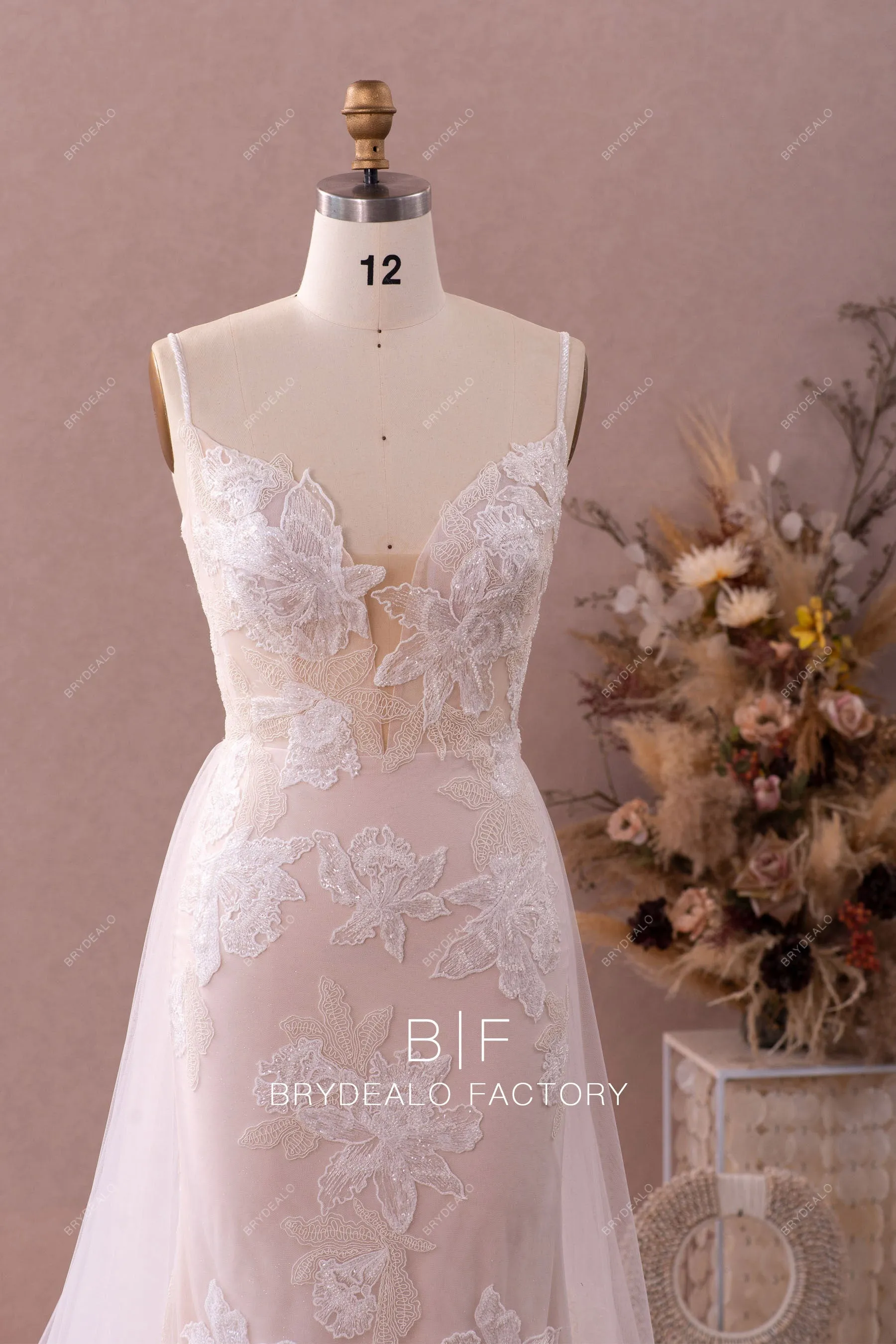 Designer Lace Plunging Champagne Wedding Dress with Removable Overskirt