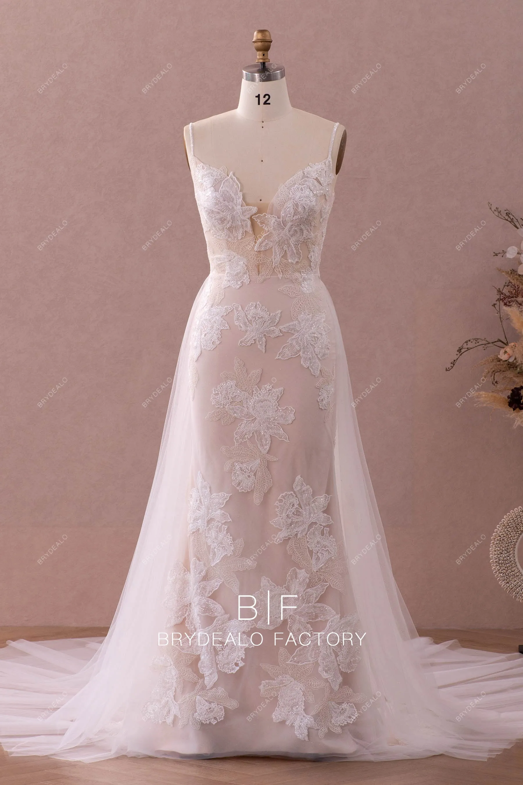 Designer Lace Plunging Champagne Wedding Dress with Removable Overskirt