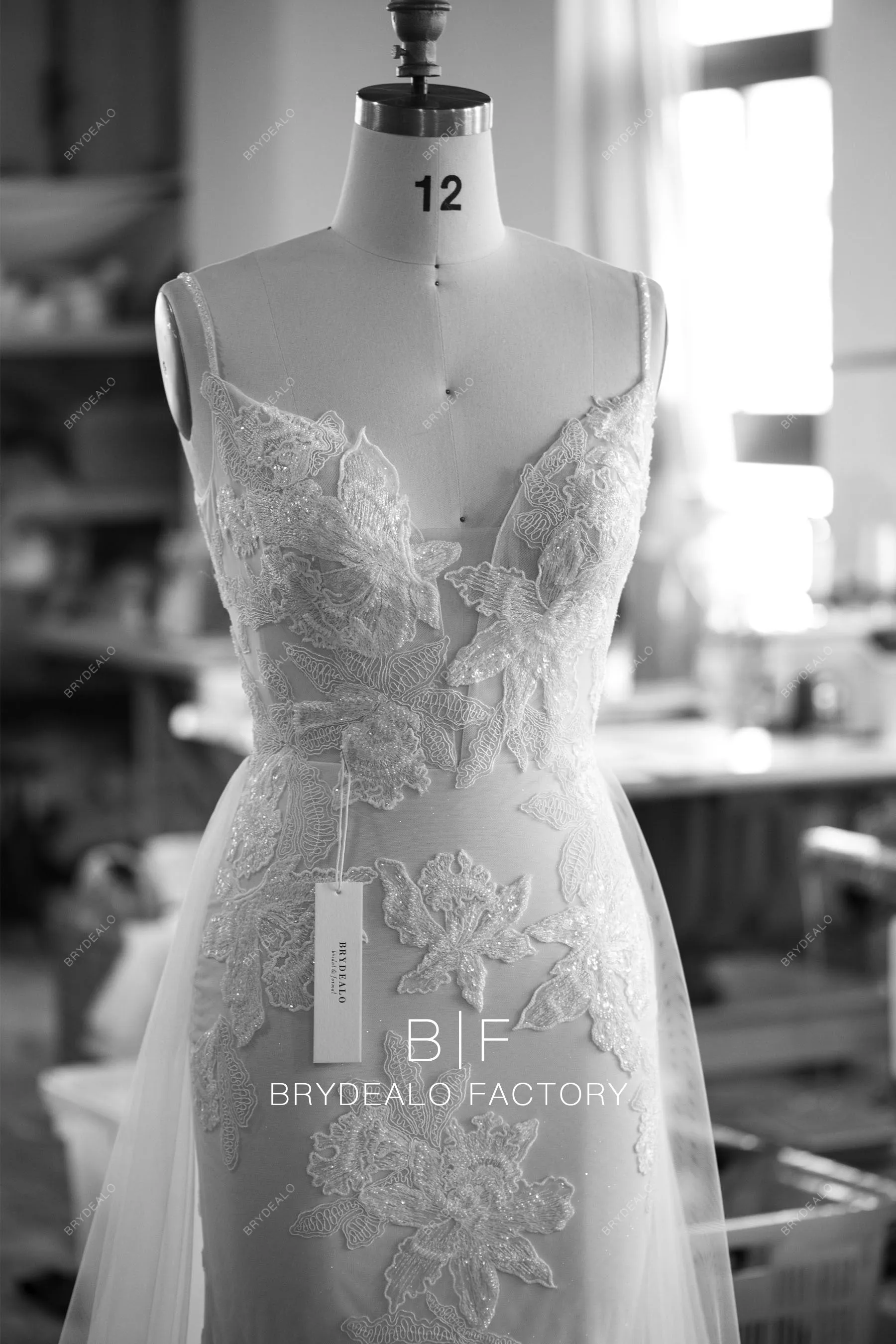 Designer Lace Plunging Champagne Wedding Dress with Removable Overskirt