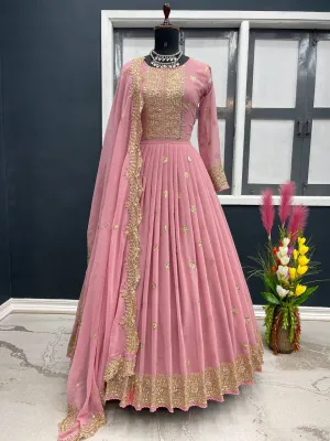 Designer Light Pink Embroidery Work Gown