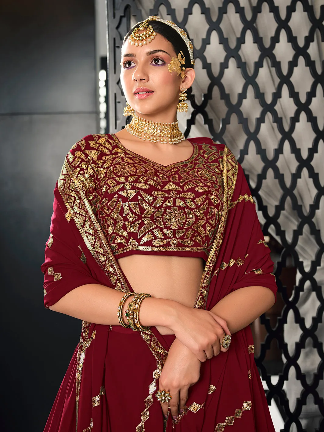 Designer Maroon Color Sequence Thread Work Lehenga Choli with Belt