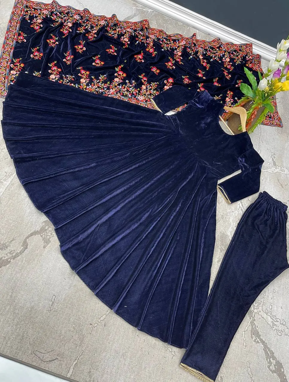 Designer Navy Blue Color Velvet Salwar Suit With Embroidery Work Velvet Dupatta