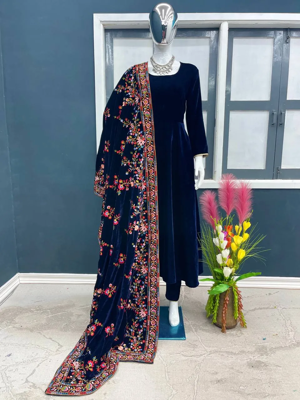 Designer Navy Blue Color Velvet Salwar Suit With Embroidery Work Velvet Dupatta