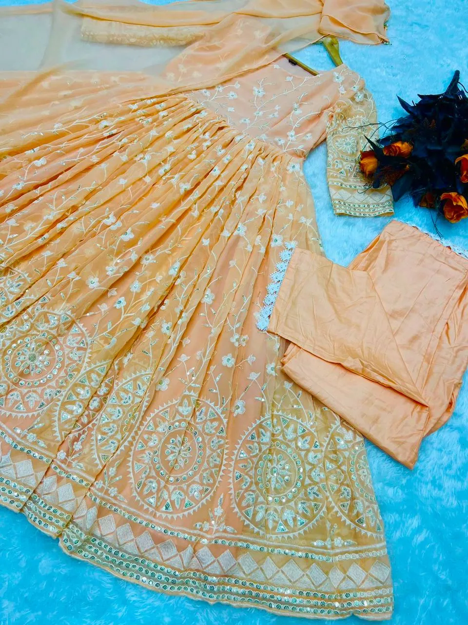 Designer Peach Color Thread Work Gown