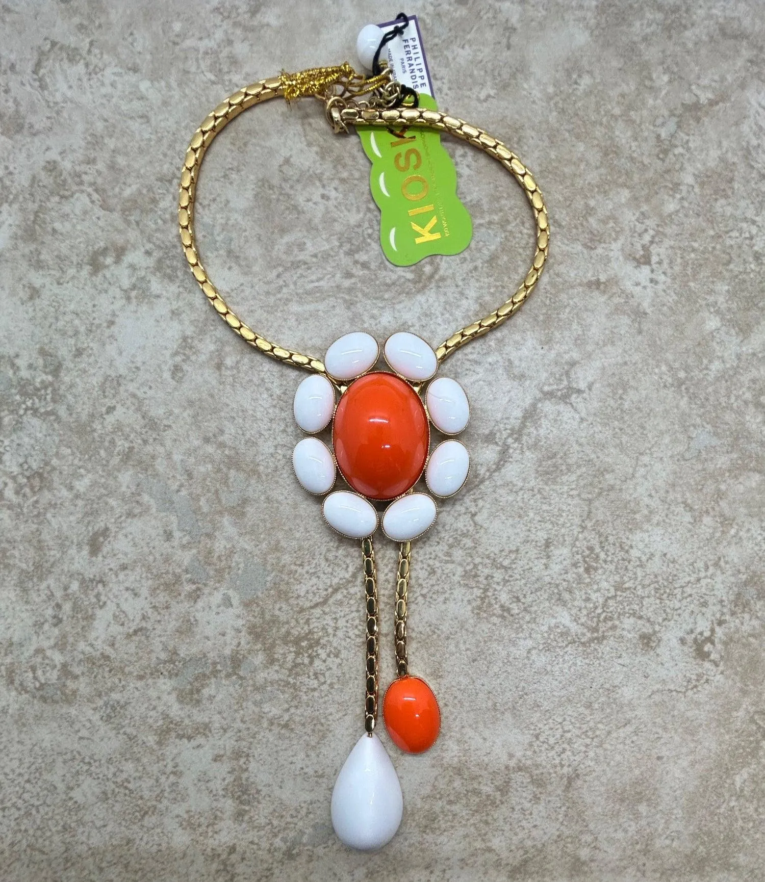 Designer Philipe Ferrandis Orange and White Statement Necklace