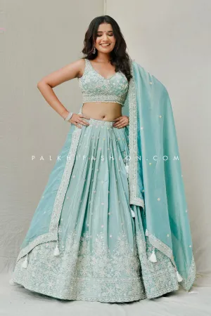 Designer Powder Blue Lehenga Choli with Pearl & Thread Detailing