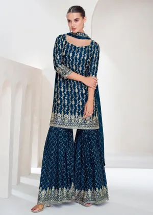 Designer Prussian Blue Embroidered Festive Gharara Suit