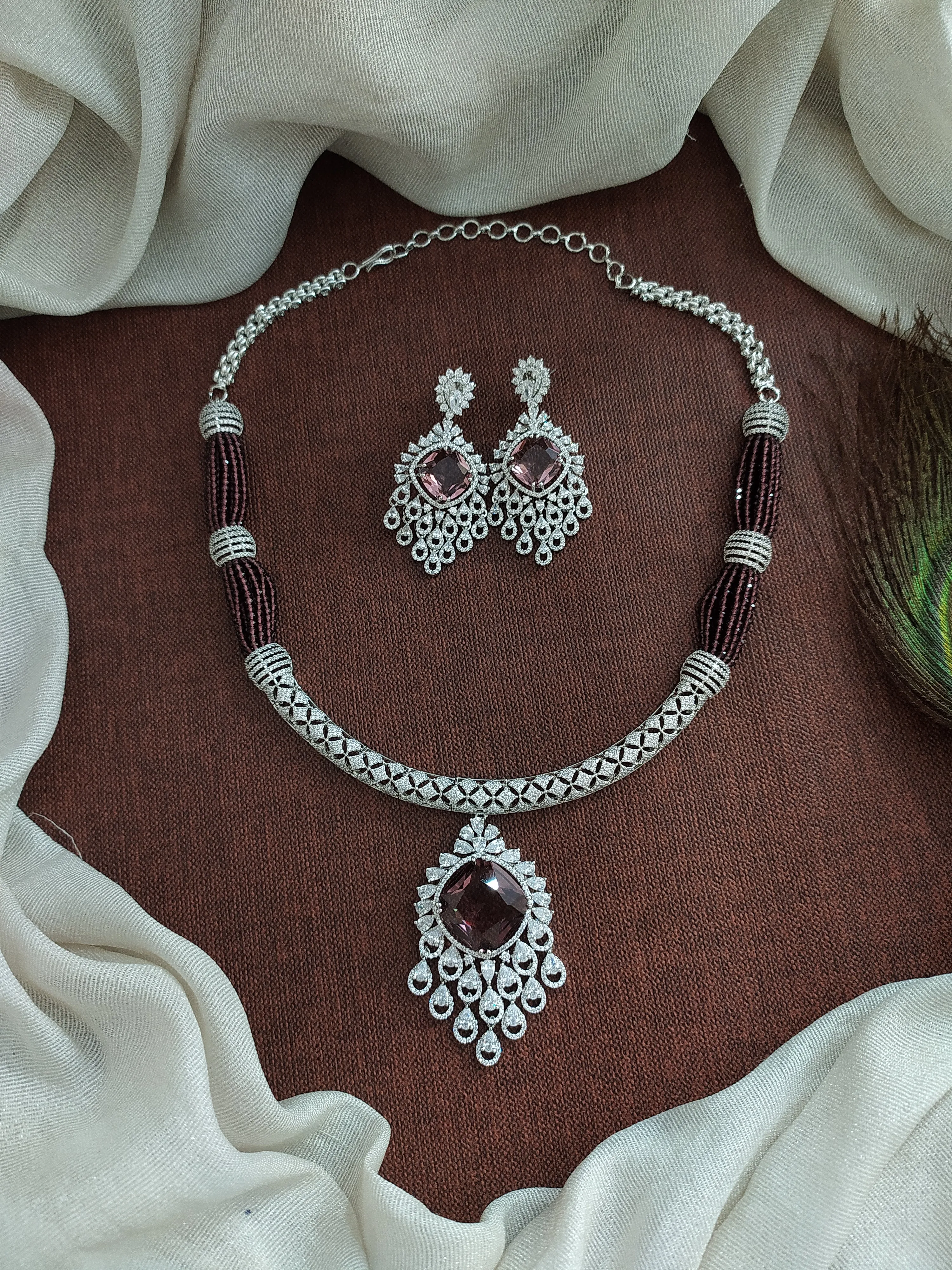 Designer Rhodium Finish Zircon Hasli Necklace Set with Beads