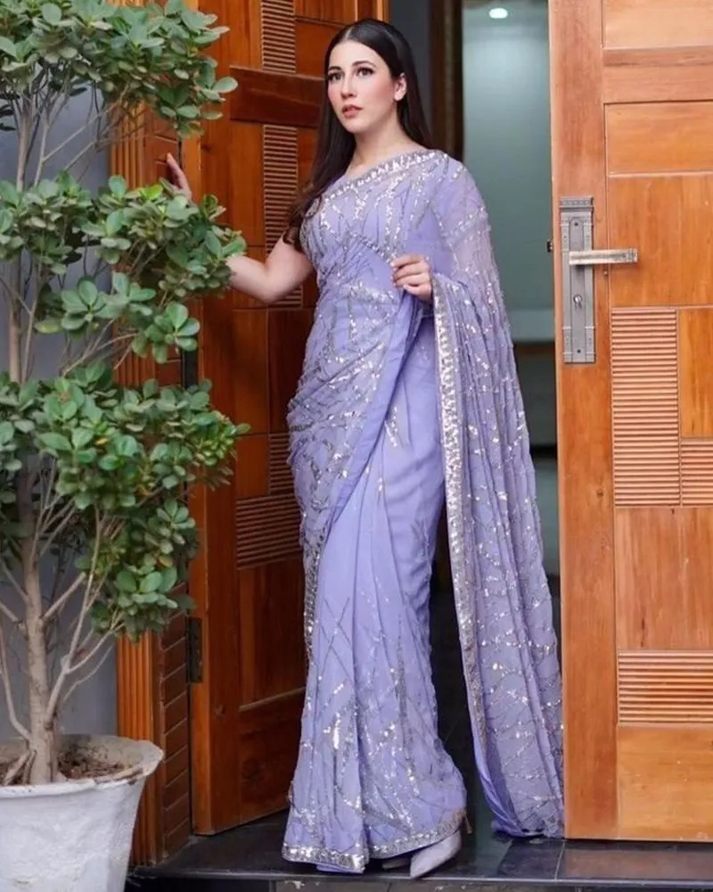 Designer Sequenced Faux Georgette Purple Saree