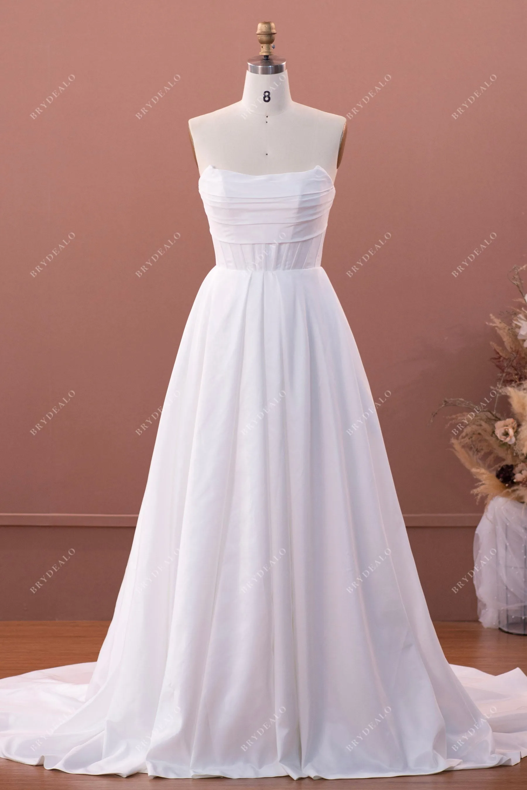 Designer Taffeta Ruched Strapless A-line Wedding Dress with Pockets