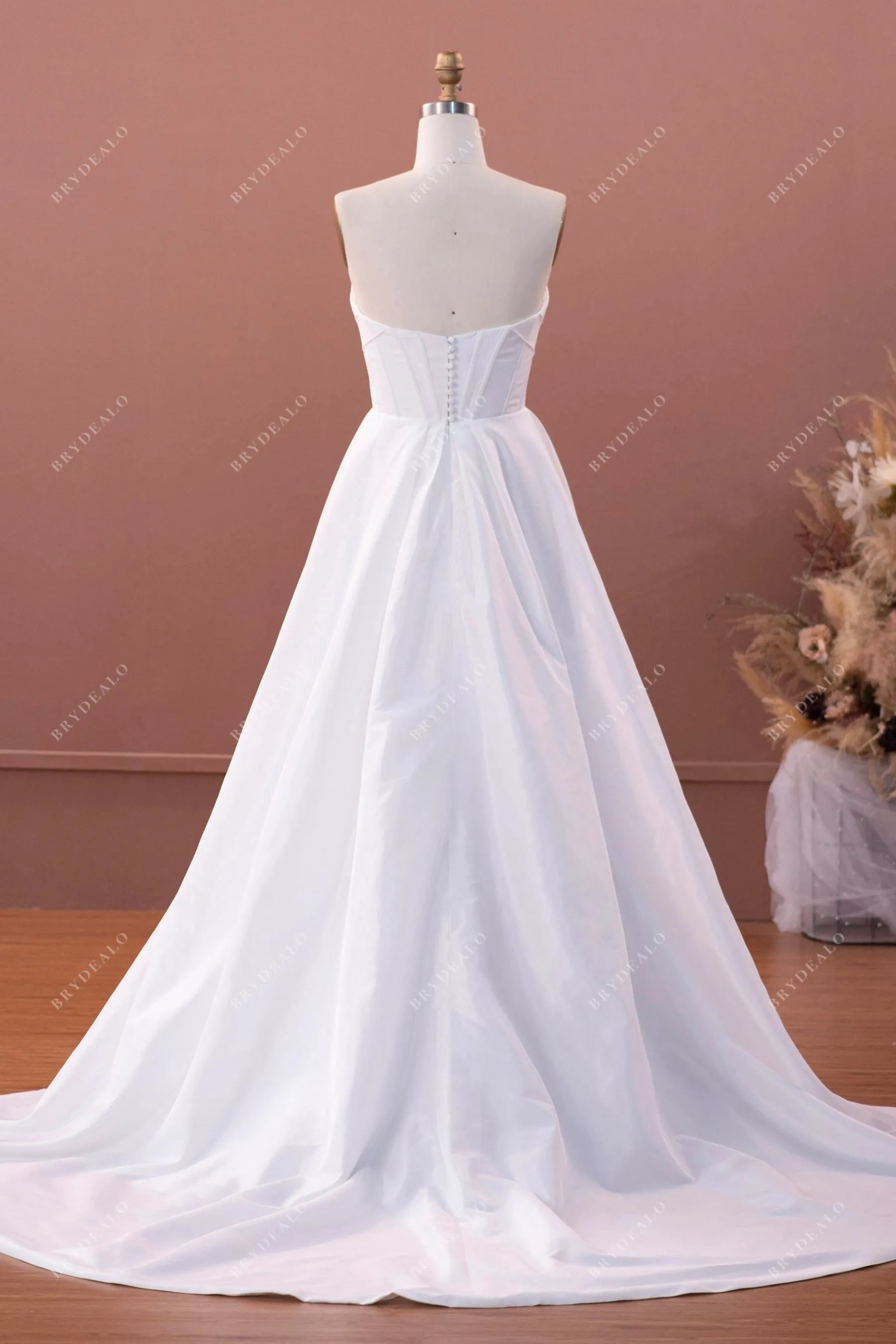 Designer Taffeta Ruched Strapless A-line Wedding Dress with Pockets