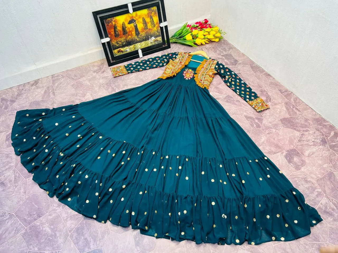 Designer Teal Blue Color Gown With Jacket