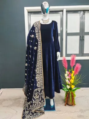 Designer Teal Blue Color Velvet Gown with Embroidery Work Dupatta