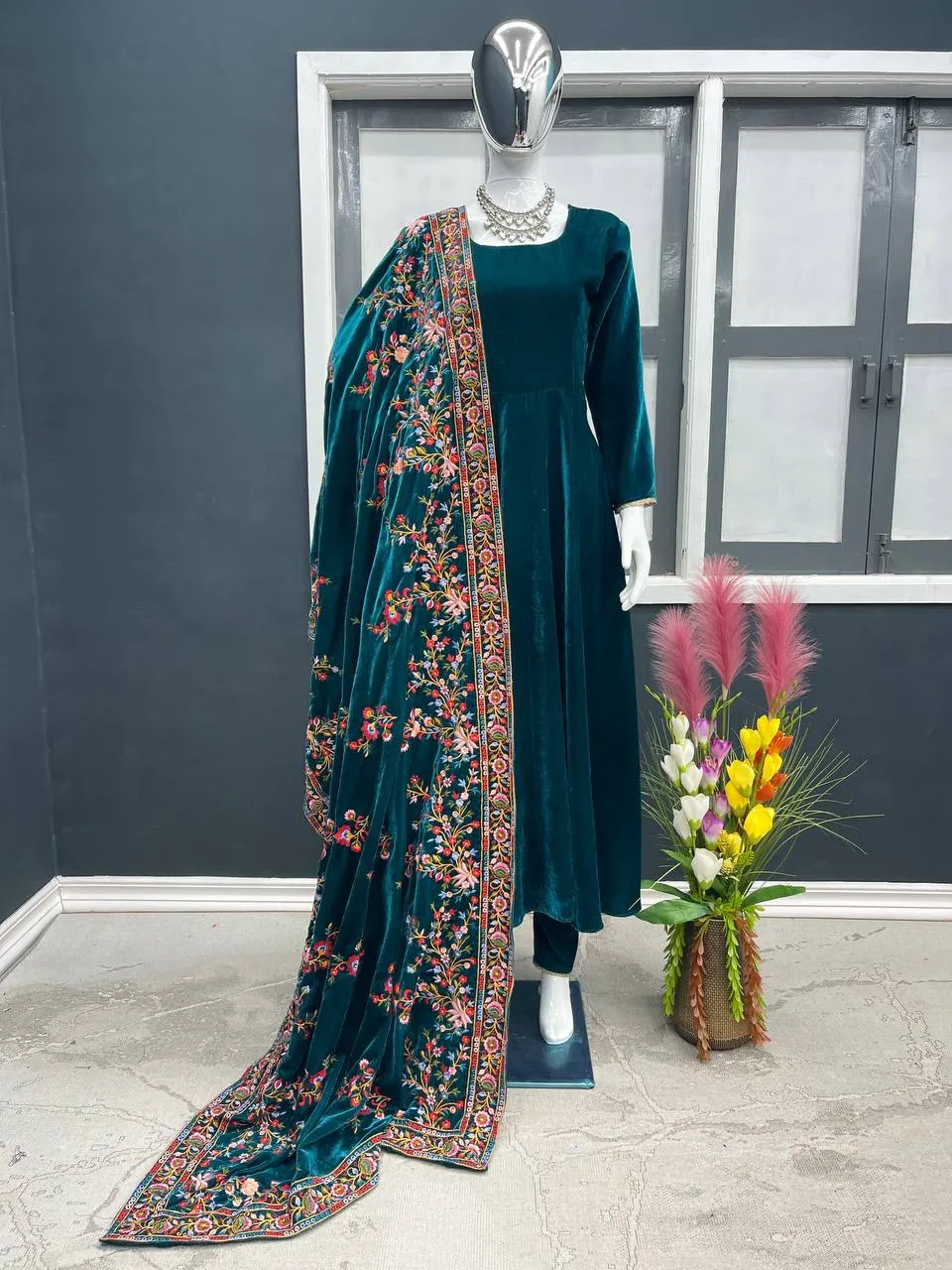 Designer Teal Blue Color Velvet Salwar Suit with Embroidery Work Velvet Dupatta