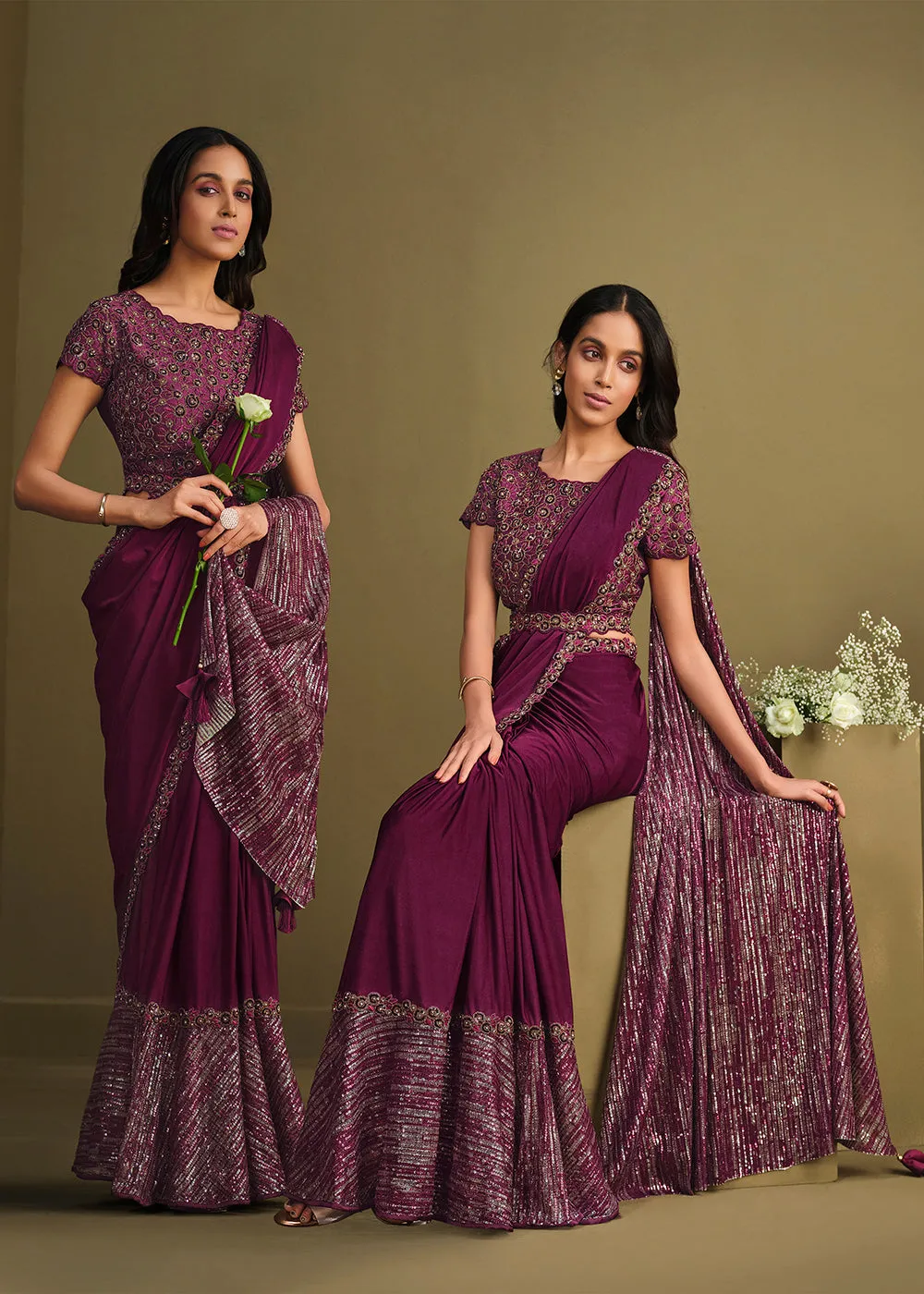 Designer Wine Sequined Crystal Silk Ready to Wear Saree