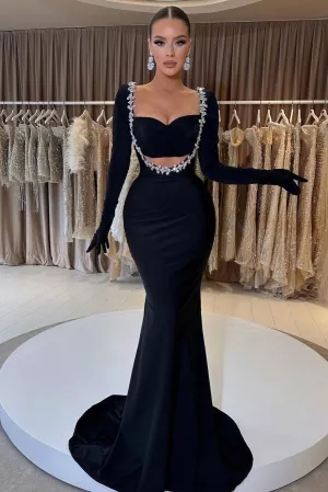 Designers Black Long Sleeves Sweetheart Beads Crystal Mermaid Prom Formal Dress