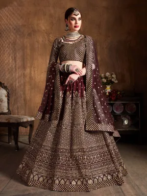 Desirable Maroon Sequins Raw Silk Wedding Lehenga Choli