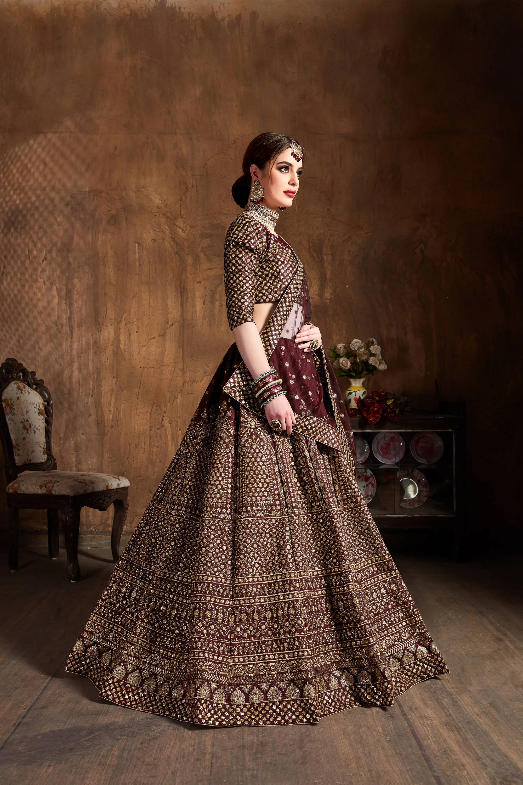 Desirable Maroon Sequins Raw Silk Wedding Lehenga Choli