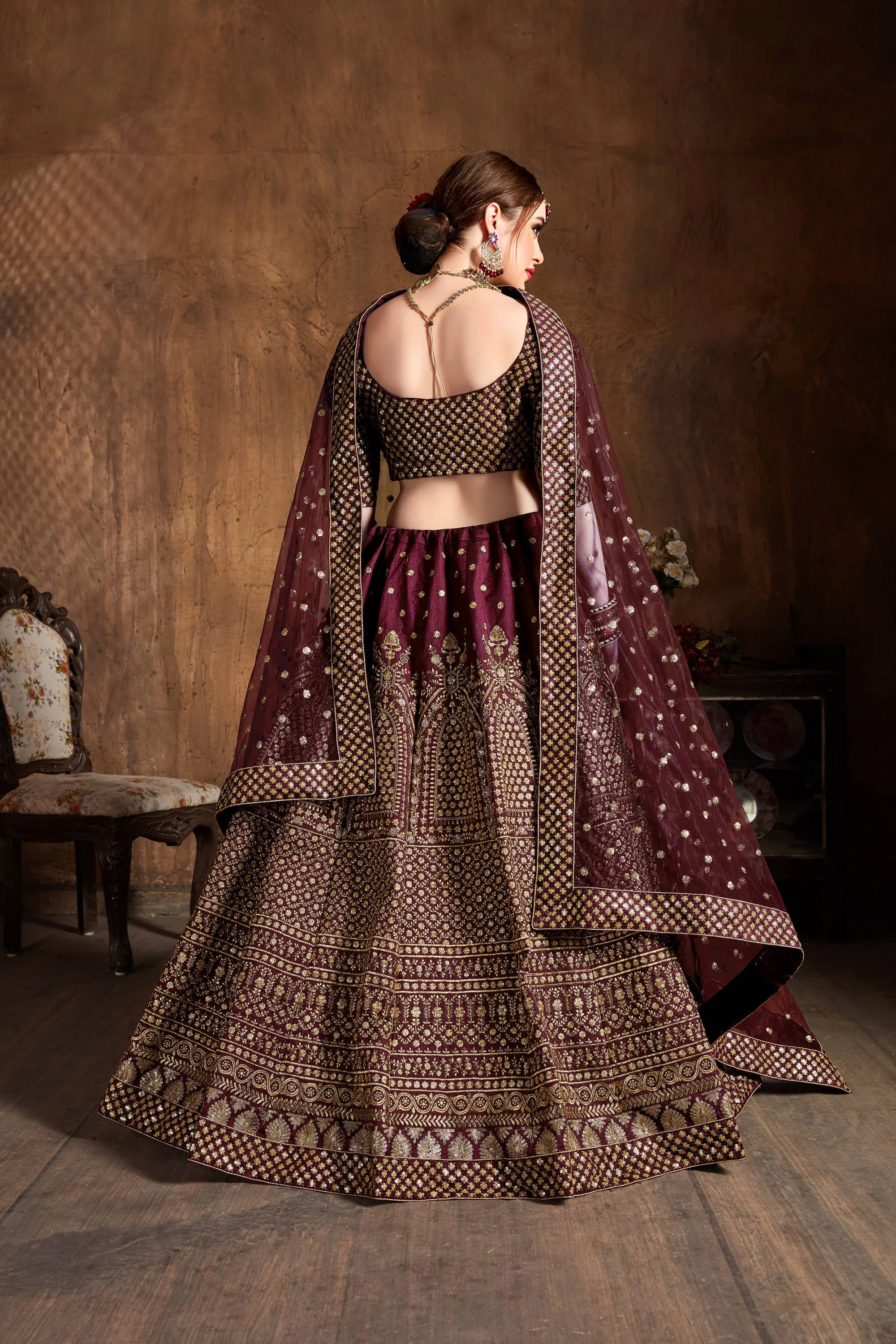 Desirable Maroon Sequins Raw Silk Wedding Lehenga Choli