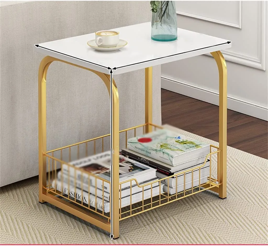 Device Bas with BROWN ART SHOPPEE Coffee Table Side Table, Mdf Metal, With Storage Basket For Living Bedroom | Side End Table For Living Room, Bedroom, Office (Golden & White)