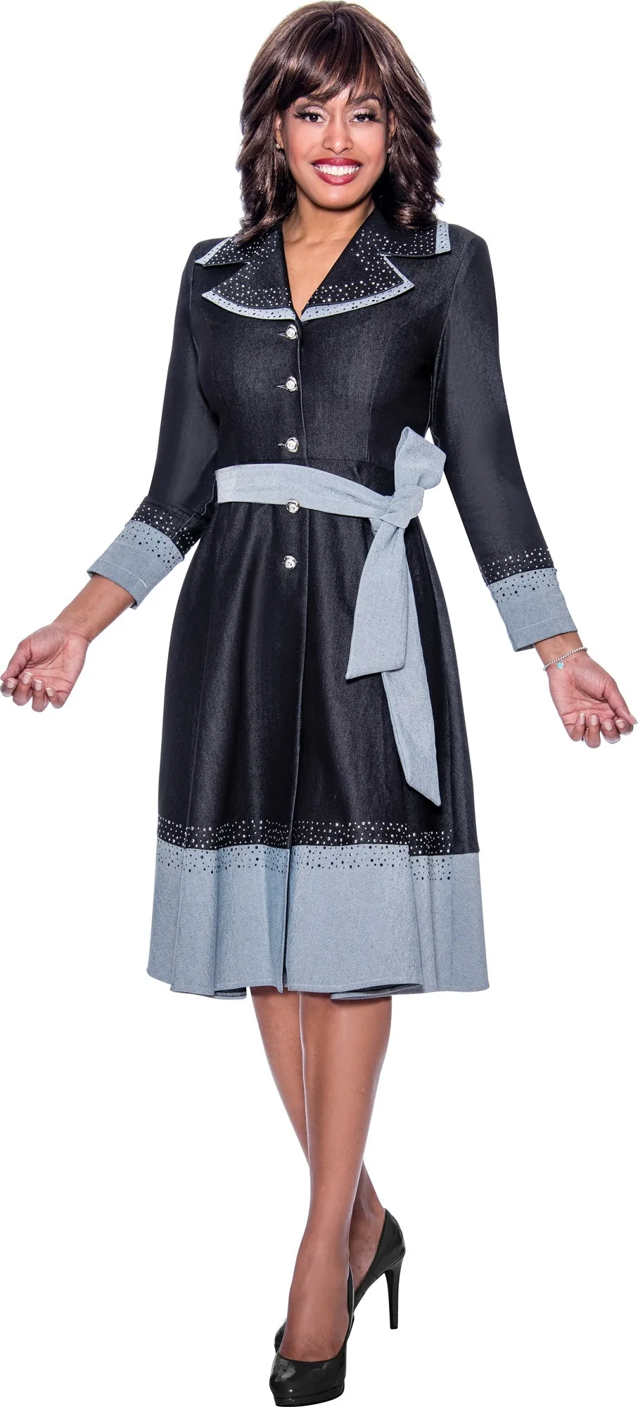 Devine Sport 63651W Two-tone Denim Belted PlusSize Dress