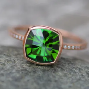 Diamond Channel Accented Rose Gold Bezel Ring Setting - Precision Cut Green Tourmaline Depicted (Setting Only, Center Stone Sold Separately)