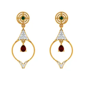 Diamond Embedded Drop Dangler With Precious Red Stone In 14k Gold Earrings