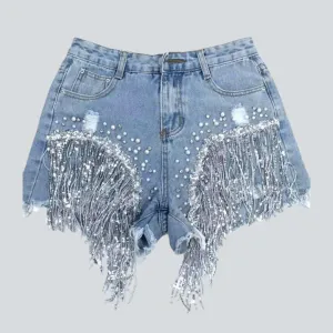 Diamond fringe leg denim shorts