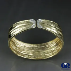 Diamond Handmade Open Bangle Bracelet In 14K Solid Yellow Gold 6.5" - 7"