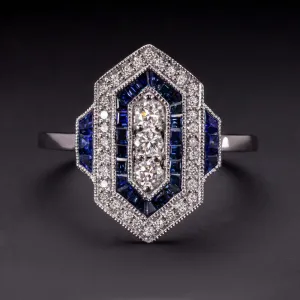 DIAMOND SAPPHIRE VINTAGE STYLE RING ART DECO GEOMETRIC COCKTAIL CALIBRE NATURAL