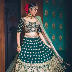 Diamond Satin Silk Green Lehenga Choli Dupatta Set - Exquisite Sequin & Embroidery Work