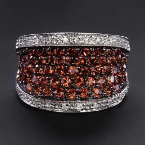 DIAMOND SPESSARTITE GARNET COCKTAIL RING WIDE BAND RED ORANGE 14k WHITE GOLD