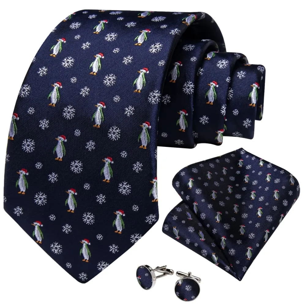 DiBanGu Blue Christmas Penguins Snowflake Necktie Pocket Square Cufflinks Set