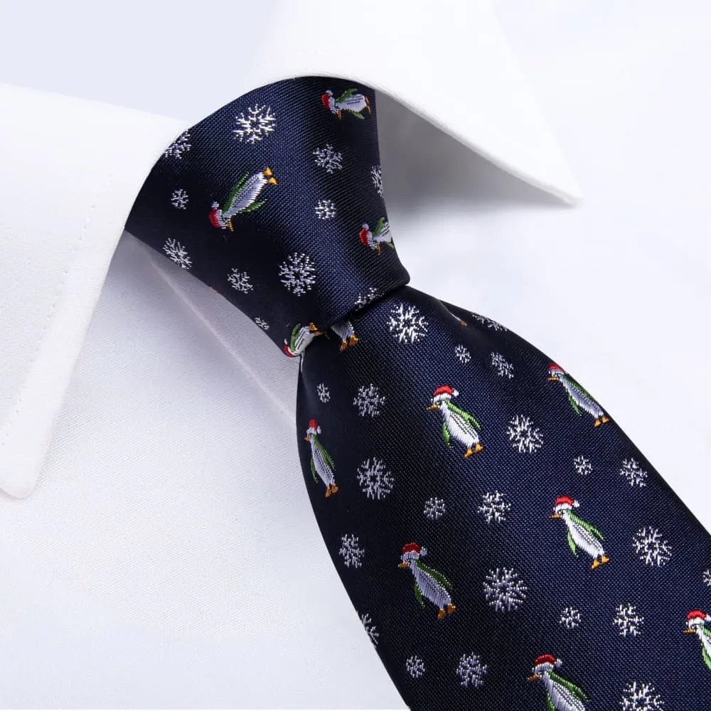 DiBanGu Blue Christmas Penguins Snowflake Necktie Pocket Square Cufflinks Set