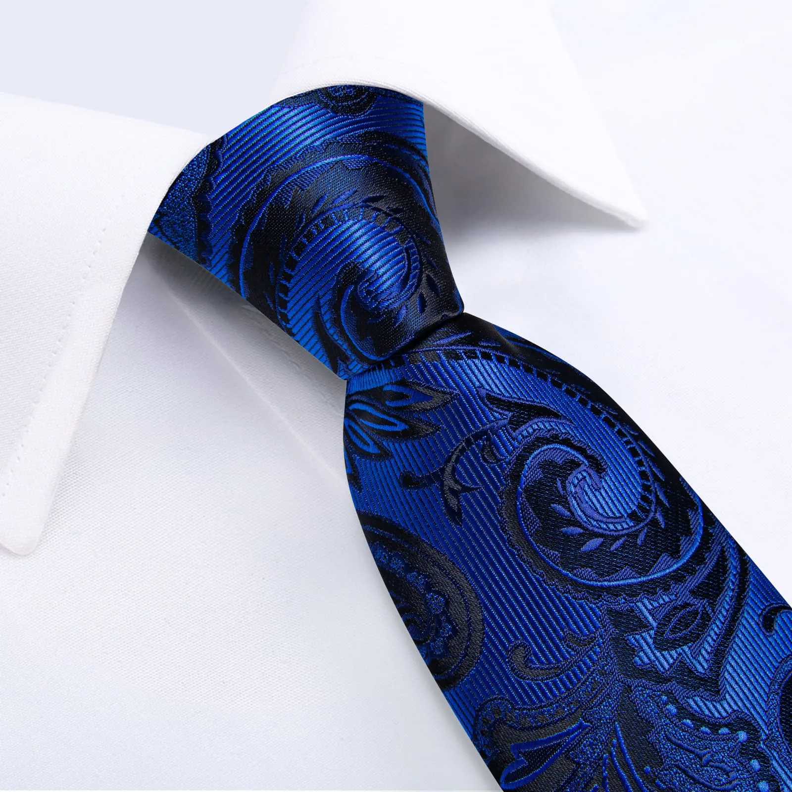 DiBanGu Dress Tie Navy Blue Floral Men's Silk Tie Handkerchief Cufflinks Set